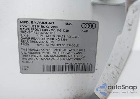 2022 Audi Q5 Premium Plus 45 Tfsi S Line Quattro S Tronic z USA, uszkodzony, nr VIN WA1EAAFY9N2114137